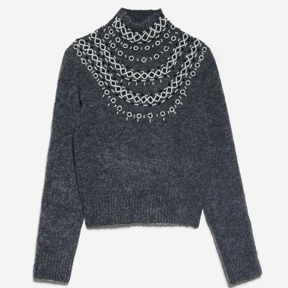 ZARA Gray Knit Sweater with Beading NWOT